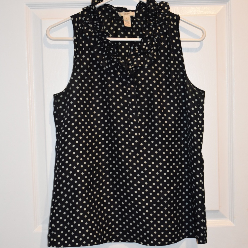 J Crew Navy Polkadot Ruffled Silk Tank
